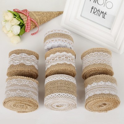 2m / cuộn 5cm Chiều Rộng Đay Tự Nhiên Vải Bố Hessian Ruy Băng Với Cotton Ren DIY Viền Vải Để May Phụ Kiện Trang Trí Đám Cưới