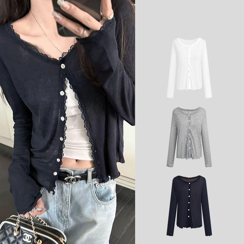 Áo len dệt kim mới mùa hè dành cho nữ, nối ren xếp nếp, mềm mại nhẹ chống nắng bên ngoài Top3687