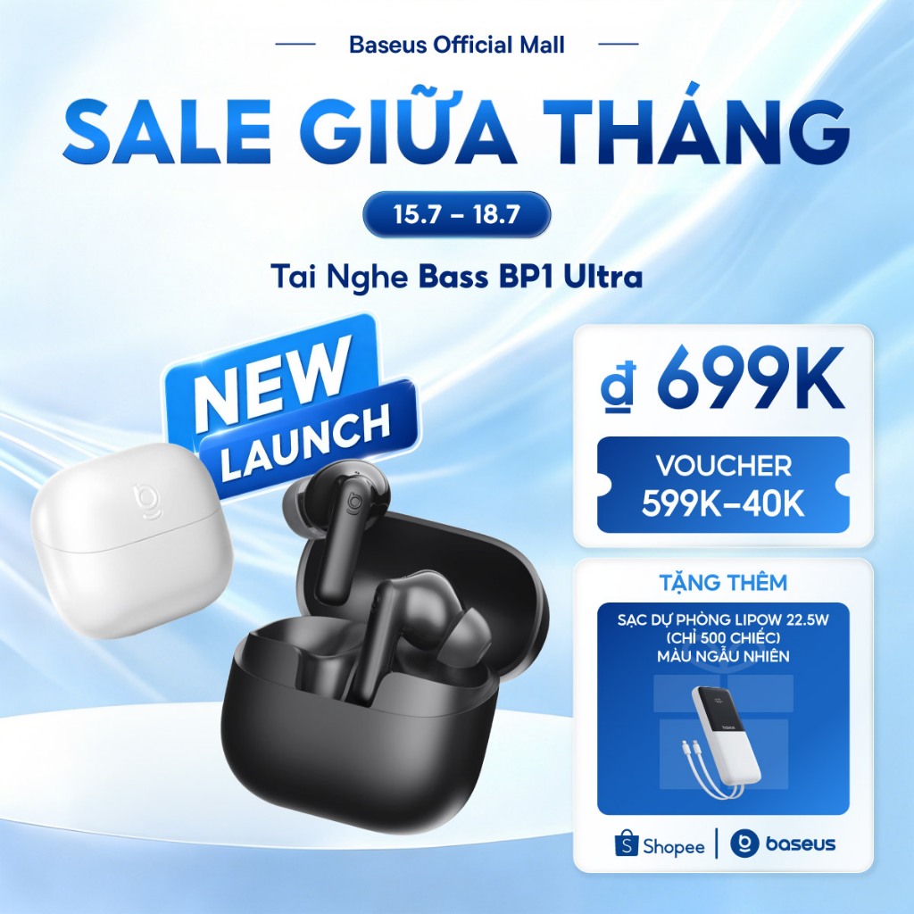 [Mở bán 15/7,699k] Baseus Tai Nghe Bass BP1 Ultra Bluetooth 6.0 ANC Khử tiếng ồnTWS 55dB Cuộc gọi AI