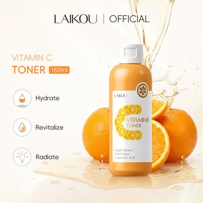 Nước hoa LAIKOU Vitamin C 160ml | Nước hoa hồng làm sáng da mặt Dual Vitamin C với axit Hyaluronic & chiết xuất cam quýt | Chăm sóc da dưỡng ẩm cho mặt
