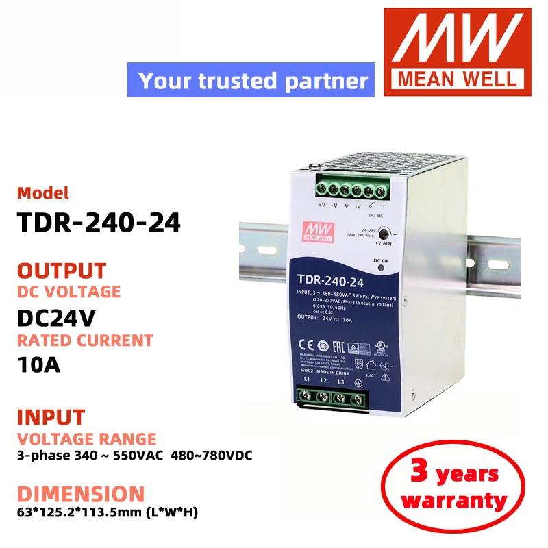 MEAN WELL TDR-240-24 DC24V 10A TDR-240-48 DC48V 5A 3 pha 340 ~ 550VAC Chuyển mạch Nguồn điện Meanwel
