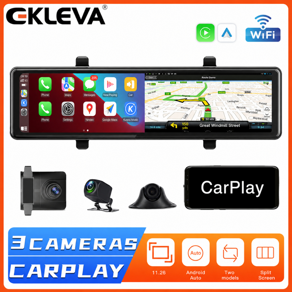 Ekleva 12 Inch AHD 4K Xe Dash Cam Gương Chiếu Hậu 3 Camera Đầu Ghi Video Hỗ Trợ CarPlay WIFI Kết Nối