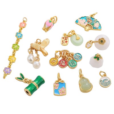 Mặt dây chuyền quyến rũ bằng đồng mạ vàng Mặt dây chuyền phong cách Trung Quốc cho vòng cổ Vòng tay DIY Trang sức Thủ công Phụ kiện làm