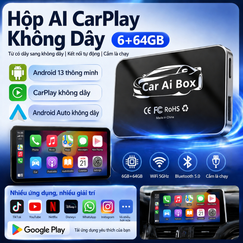 6+64GB CarPlay AI Box – Bộ chuyển đổi CarPlay không dây, Car AI Box, Android Box, Apple CarPlay Dong