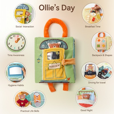 Ngày của Ollie Vải mềm Sách bận rộn Tương tác Montessori Sách yên tĩnh có tay cầm Kỹ năng sống Huấn luyện vận động tinh tế, Đồ chơi giác quan giáo dục cho trẻ mới biết đi 0-3 tuổi