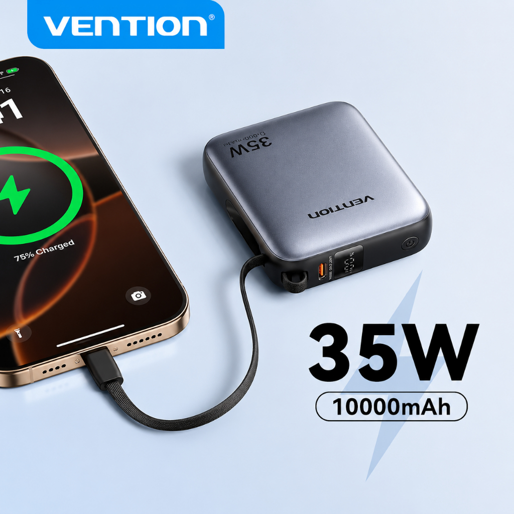 Vention Sạc Dự phòng 10000mAh có sạc nhanh 35W Super Mini – Cáp tích hợp Type C - PD, màn hình LED -