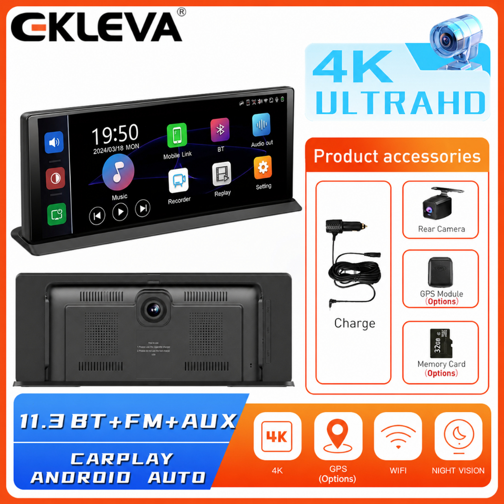 Ekleva 11.3 "DVR ô tô Carplay Android Auto Dashcam 4K 3840 * 2160 Camera phía trước và phía sau 1080