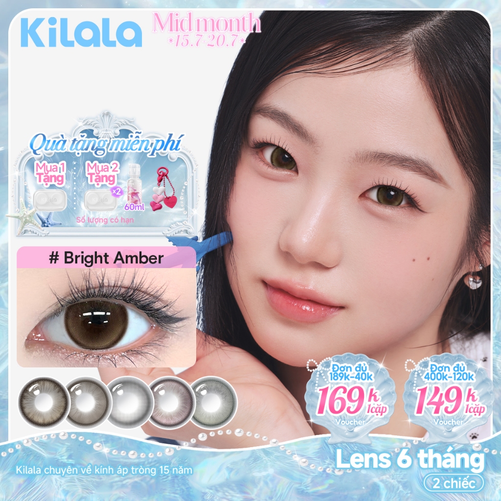 Kính áp tròng Kilala màu nâu CozyHazel/BrightAmber/MysticGrey/RosyPink  lens cận 6 tháng DIA 14.2mm 