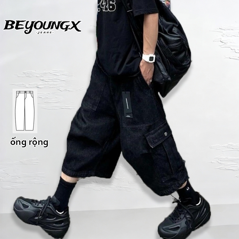 Quần Short Túi Hộp Baggy short Nam Nữ quần jean lửng nam ống rộng Đen Nhiều Túi  Phong Cách Streetwe