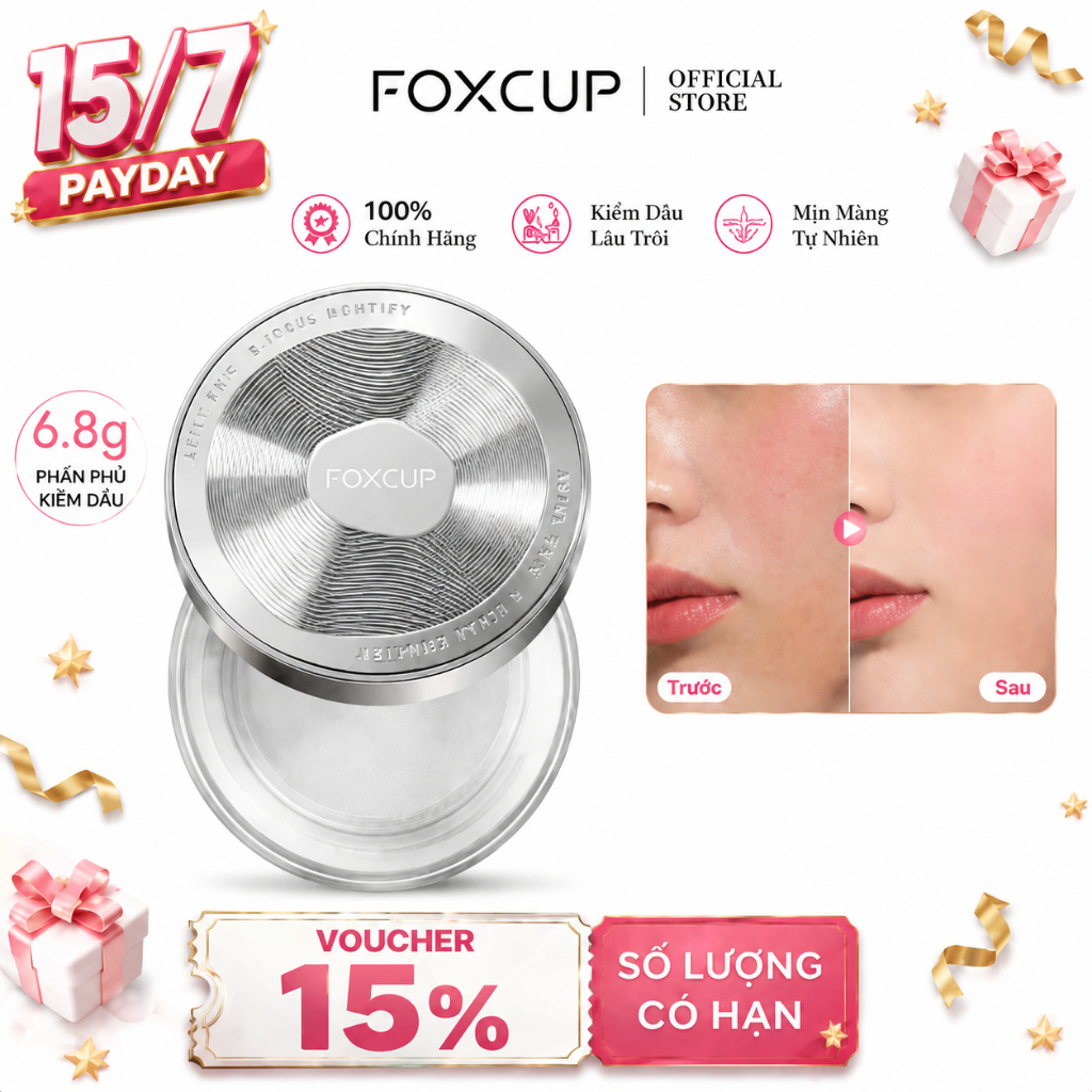 Phấn phủ FOXCUP kiềm dầu 12H chống nước mịn nhẹ không bí da 3 màu tùy chọn 6.8g