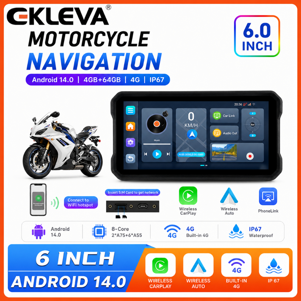 EKLEVA 6 Inch Xe Máy DVR Android 14 8 Cores 4 + 64GB Động Cơ Không Dây CarPlay Android Tự Động Xe Má
