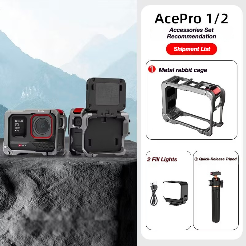 Khung Hợp Kim Nhôm Flymile Cho Insta360 Ace Pro Vỏ Bảo Vệ Có Giày Lạnh Mở Rộng Lồng Máy Ảnh Kim Loại