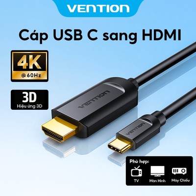 Cáp USB C sang HDMI Vention 4K 60hz Cáp HD bện cotton Type C chuyển đổi tương thích với màn hình máy tính PC - Hàng Chính Hãng