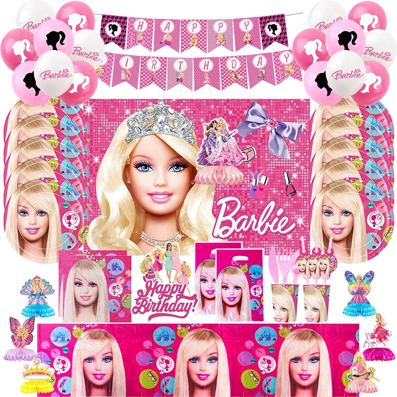 Bộ đồ dùng dự tiệc sinh nhật theo chủ đề Barbie, Đĩa cốc Khăn trải bàn, Nhân vật búp bê thời trang B