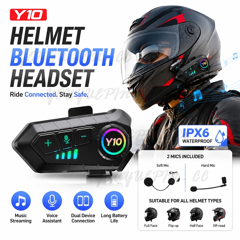 Xe Máy Stereo Có Bluetooth 2000mAh Y10 Intercom Mũ Bảo Hiểm 5.3 Miễn Phí Ipx6 Chống Nước Moto Tai Ng