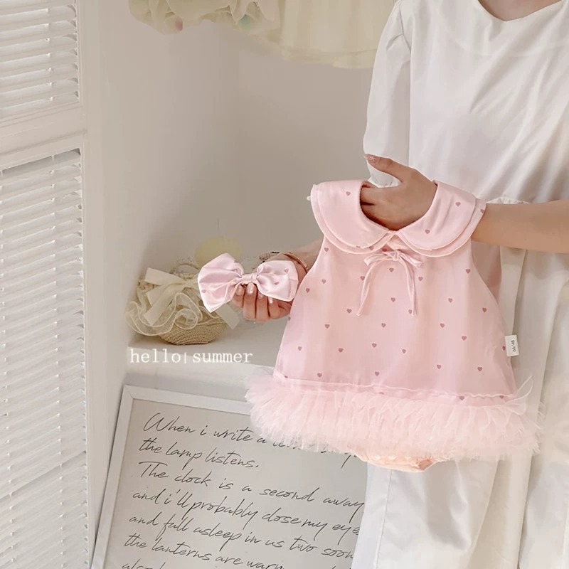 Heart Mesh Romper Dress with Bow Hair Clip for Baby 0-2 Years Old