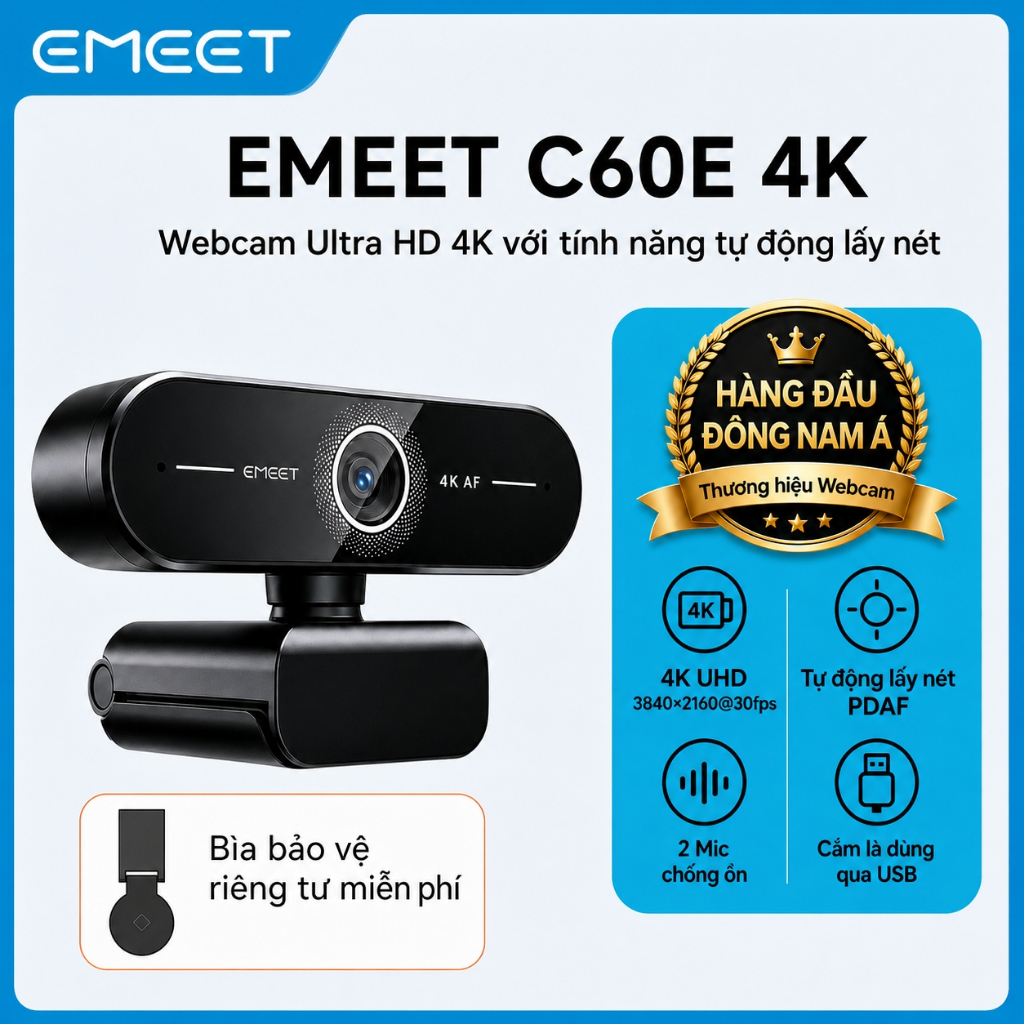 [EMEET] Webcam 4K Ultra HD 4K Webcam có lấy nét tự động EMEET C60E 4K cho PC / Zoom / Teams / Skype