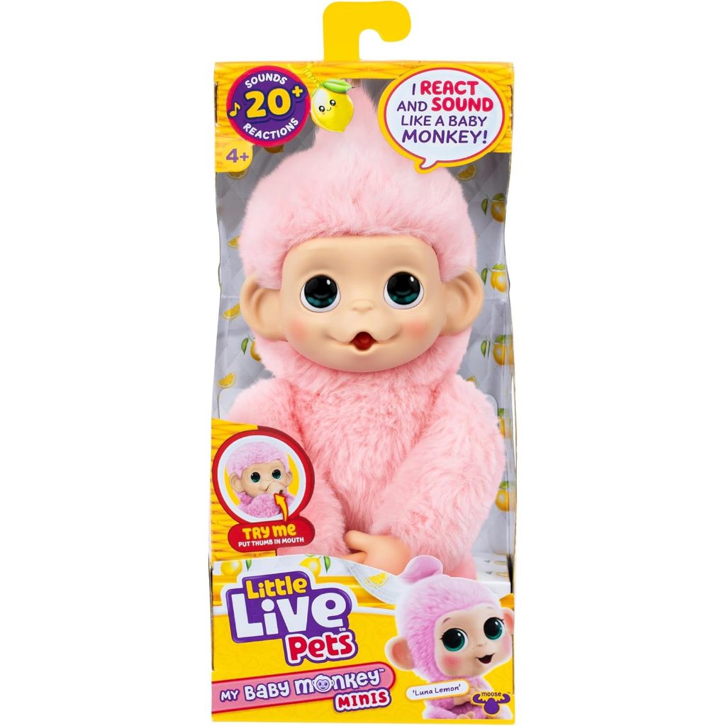 Little Live Pets Baby Monkey Minis – Luna Lemon. Đồ chơi thú cưng tương tác. 20 + Âm thanh & Phản ứn