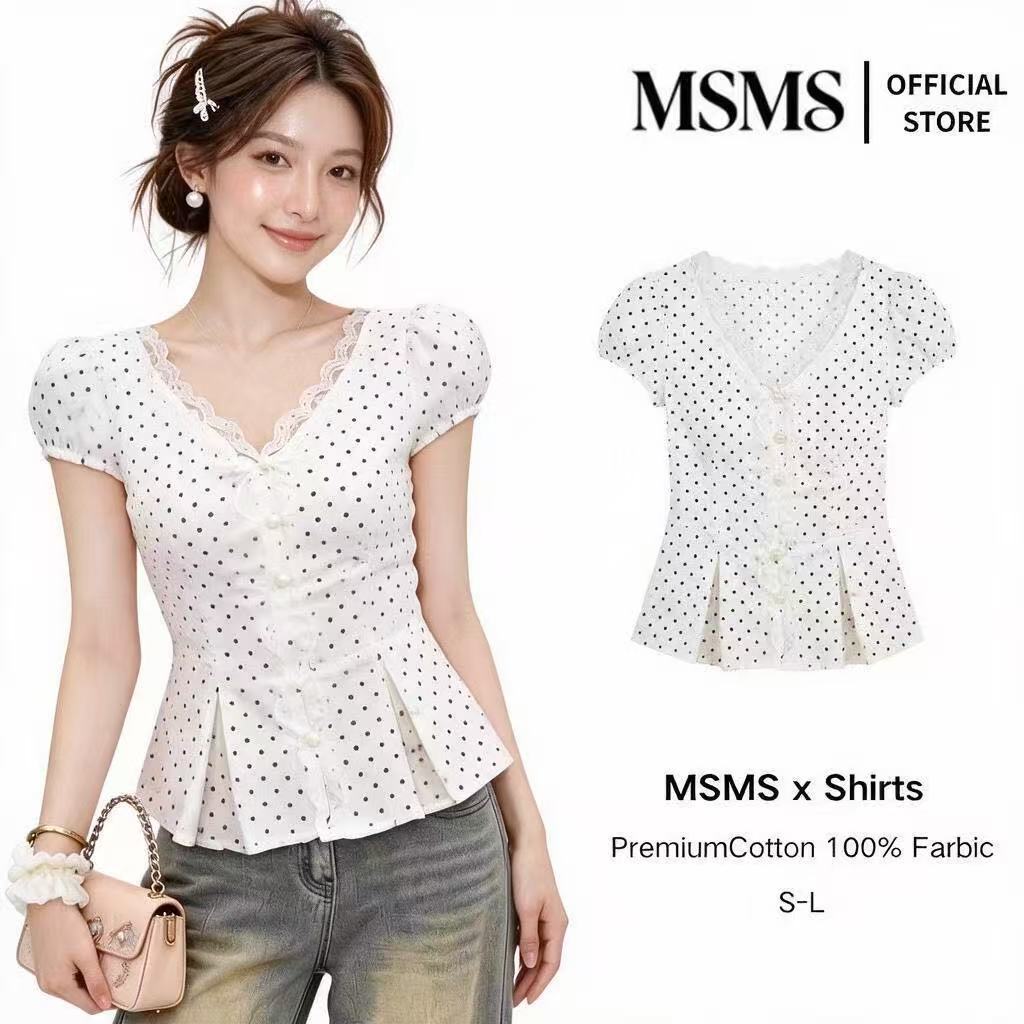 Puff Flutter Tay Hàn Quốc Ôm Eo Chấm Bi Áo Ren Cổ Chữ V Nơ Trước Puff Flutter Tay Ngắn Ngọc Trai Nút