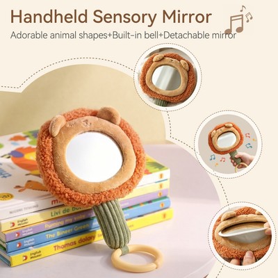 Gương cảm giác cầm tay Lion Baby có tích hợp Lục lạc Đồ chơi sang trọng có thể tháo rời, Tự nhận thức Rèn luyện vận động tinh tinh tế Quà tặng làm dịu cho trẻ sơ sinh 0-12 tháng tuổi