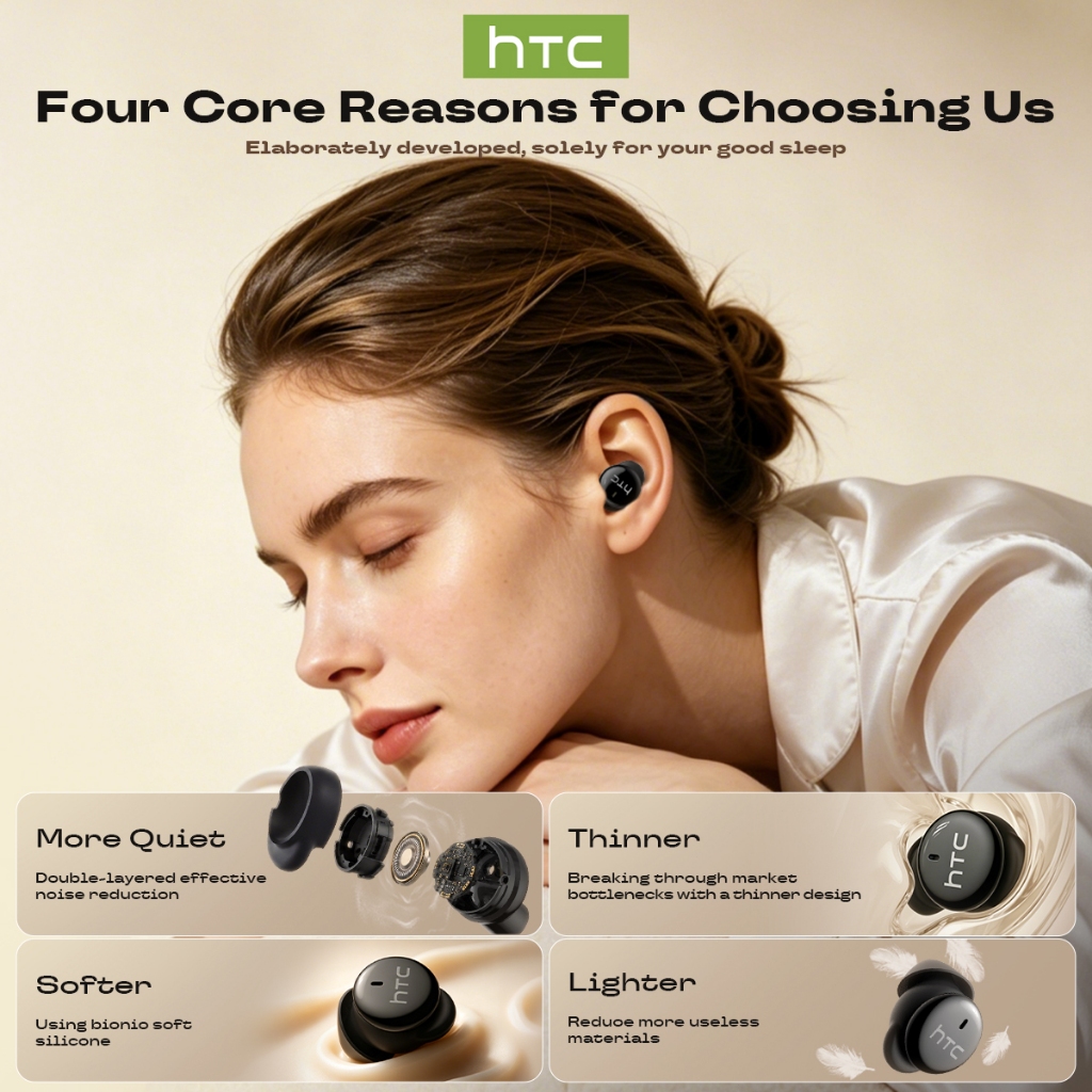 HTC NE92 2026 Tai nghe ngủ Mini mớiTWS Bluetooth 6.0 Side Sleeper Thoải mái Giảm tiếng ồn 4 cấp 40H Pin 6mm Trình điều khiển năng động Trò chơi âm nhạc Chế độ kép Tai không dây có độ trễ thấp | BigBuy360 - bigbuy360.vn