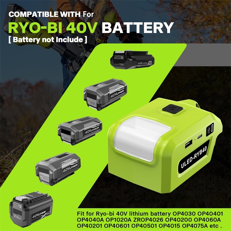 Bộ chuyển đổi pin cho pin Lithium Ryobi 40V hỗ trợ sạc điện thoại di động với cổng USB và Type-C