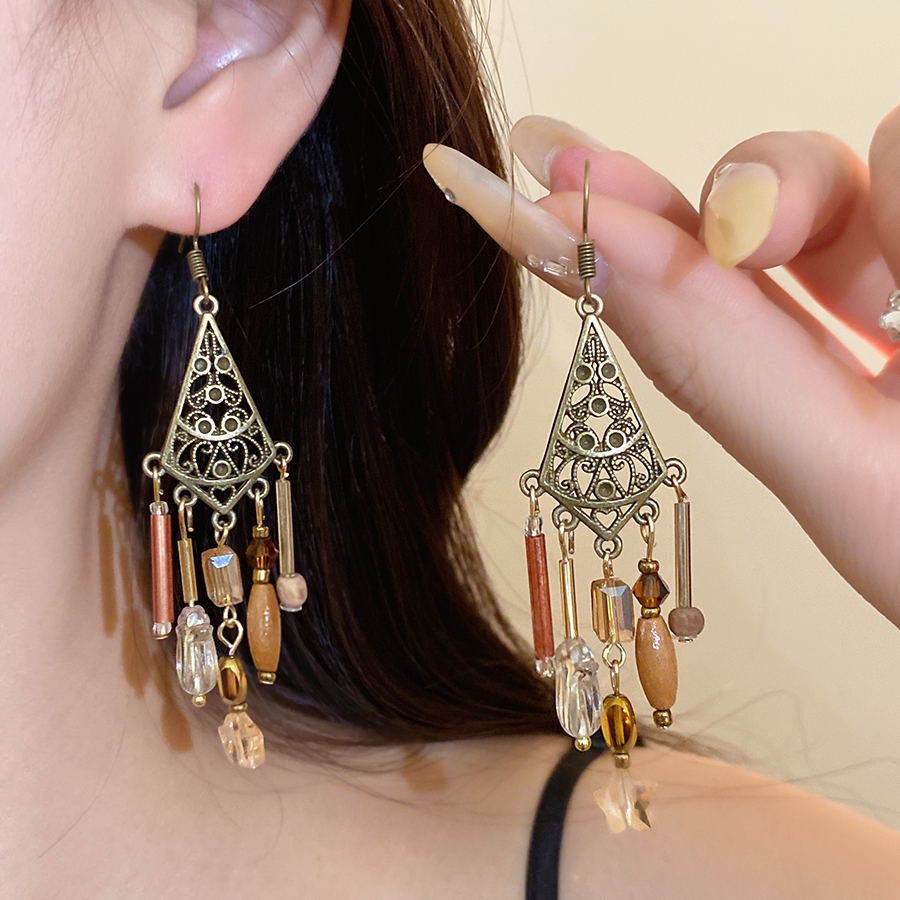 Bông tai tua rua phong cách dân tộc cổ điển với hồ sơ phức tạp và hạt nhiều tông màu Exude Vintage C