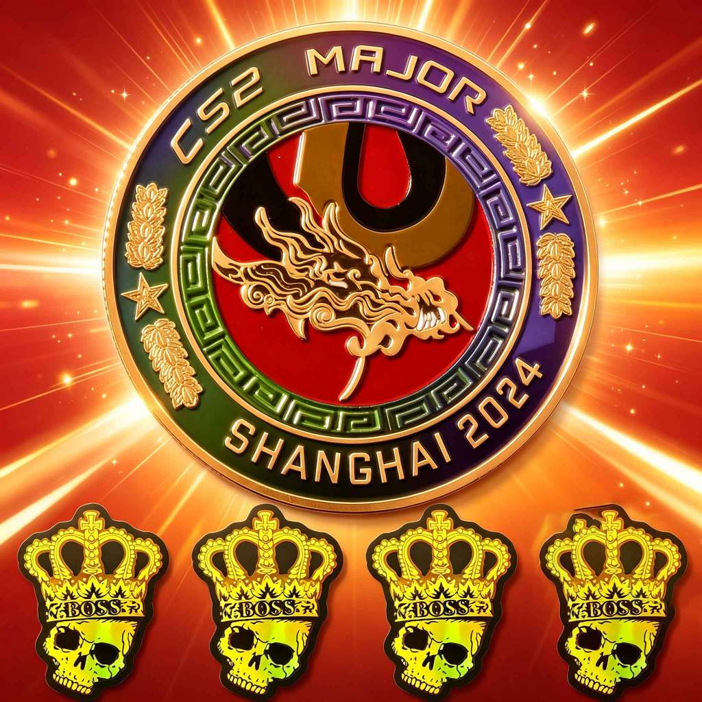 Bộ đồng kỷ niệm CS2 Major Shanghai 2024 kim loại + 4 sticker hoàng đầu lâu cho fan CS2