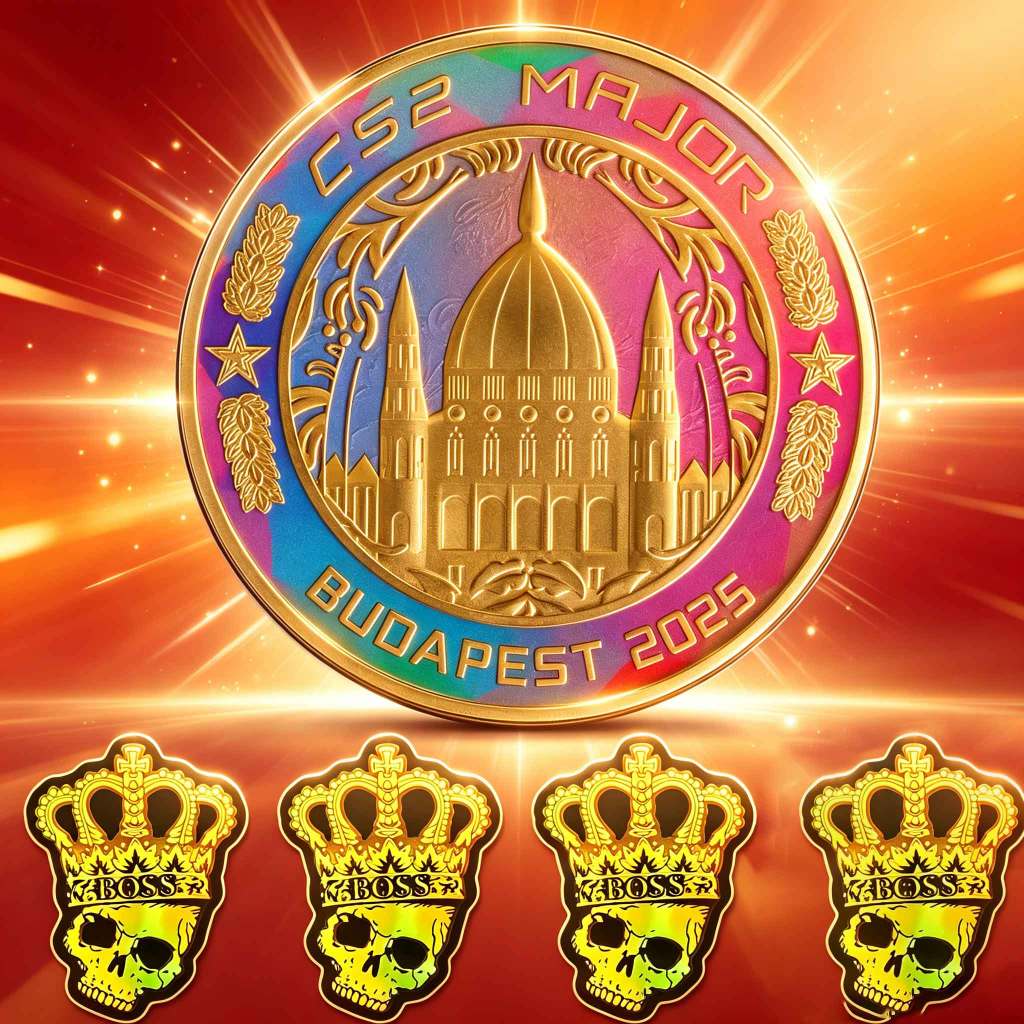 Bộ huy chương lưu niệm CS2 Major Budapest 2025 gồm 1 đồng kim loại + 4 sticker BOSS