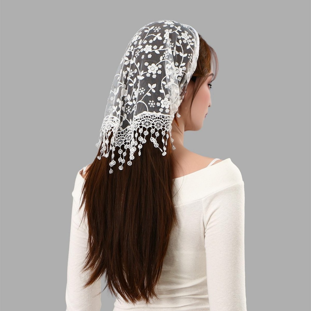 Tam giác Công giáo Nhà nguyện Mantilla Tấm che mặt có băng đô Hoa ren Latin Mass Head Covering Churc