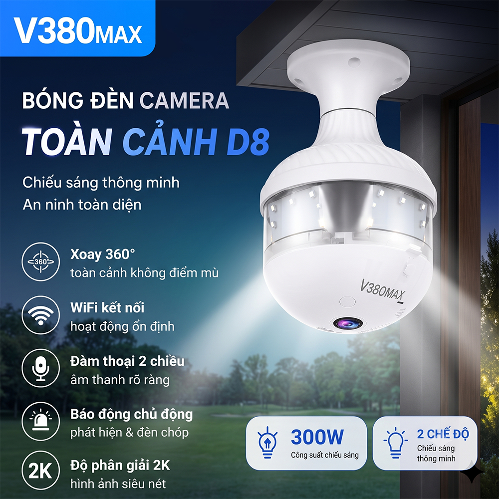 Camera V380MAX WiFi V380 Pro 360° Toàn cảnh không góc chết 4K siêu nét phủ sóng toàn khu Đèn AI thôn