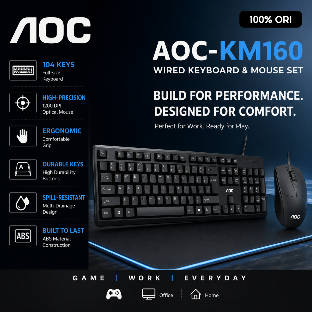 Combo Bàn Phím Và Chuột USB Có Dây AOC KM160, Kích Thước Đầy Đủ 104 Phím Bàn…