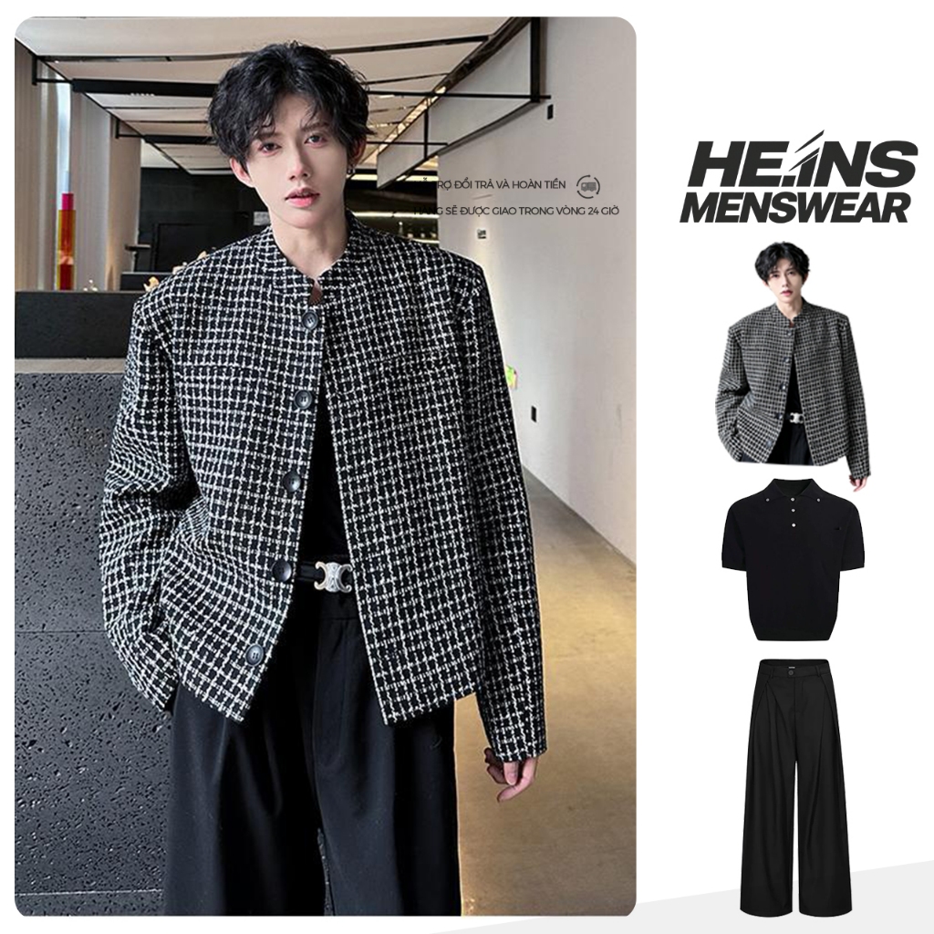 HEINS Áo Khoác Nam Dạ Tweed Tuyến Cổ Tròn Cài Khuy Phong Cách Trẻ Trung Sang Trọng Áo khoác cardigan