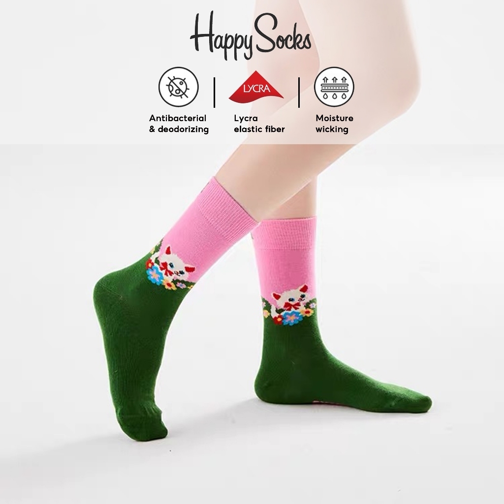 Happy Socks Tất Vớ Nữ Dễ Thương Cotton Crew Socks Kitten