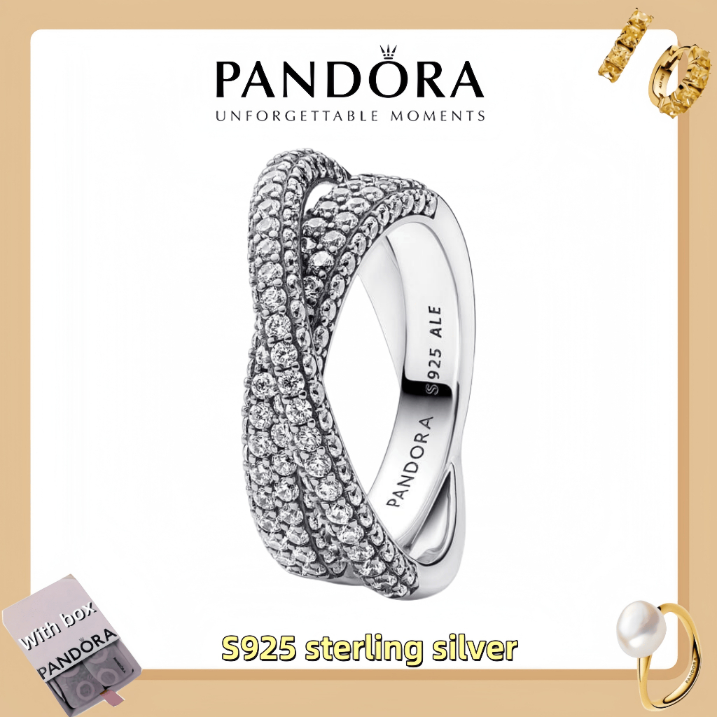 Trang sức nữ bạc 925 S925 chính hãng Pandora Timeless Pavé Crossover nhẫn hai dải đá lấp lánh kèm hộ