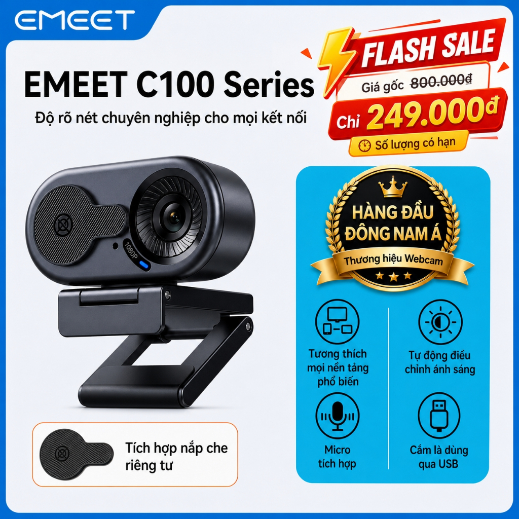 Webcam EMEET 1080P / 2K / 4K C100 có Mic & Bảo mật. Plug & Play, dành cho lớp…