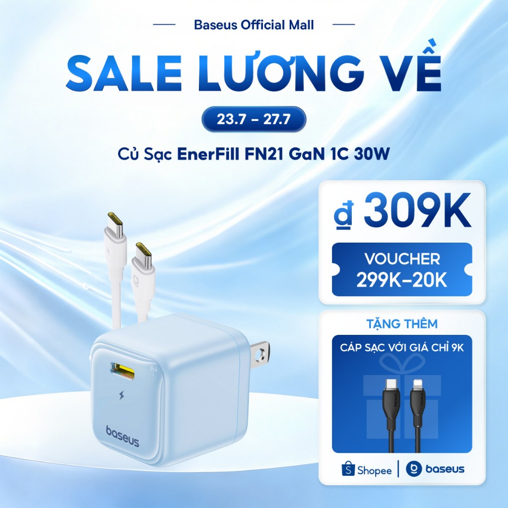 Củ Sạc EnerFill FN21 GaN 1C 30W Baseus Sạc Nhanh PD 30W Kiểm Soát Nhiệt Độ Thông Minh Kèm Dây Type-C