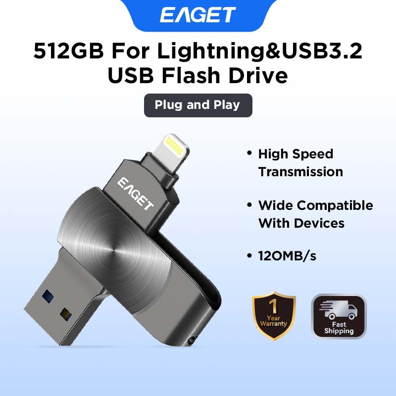 Ổ đĩa Flash USB3.2 2 trong 1 EAGET I66 Lightning & USB-A 360° Xoay kim loại OTG Pen Drive cho iPhone