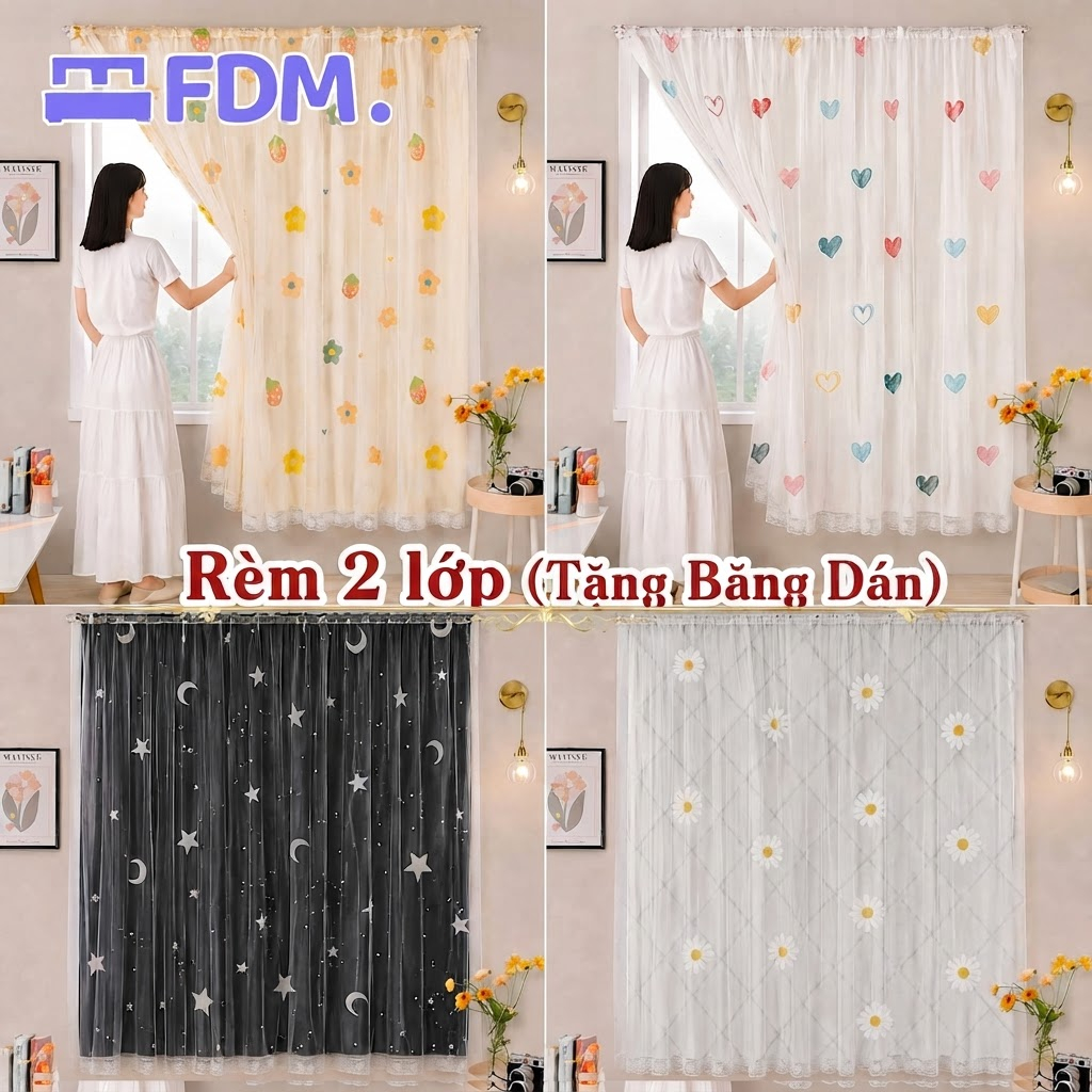 Feidimeng Rèm cửa 2 lớp dán tường không khoan, che nắng cửa sổ đẹp, dễ lắp đặt kèm băng dán+dây buộc
