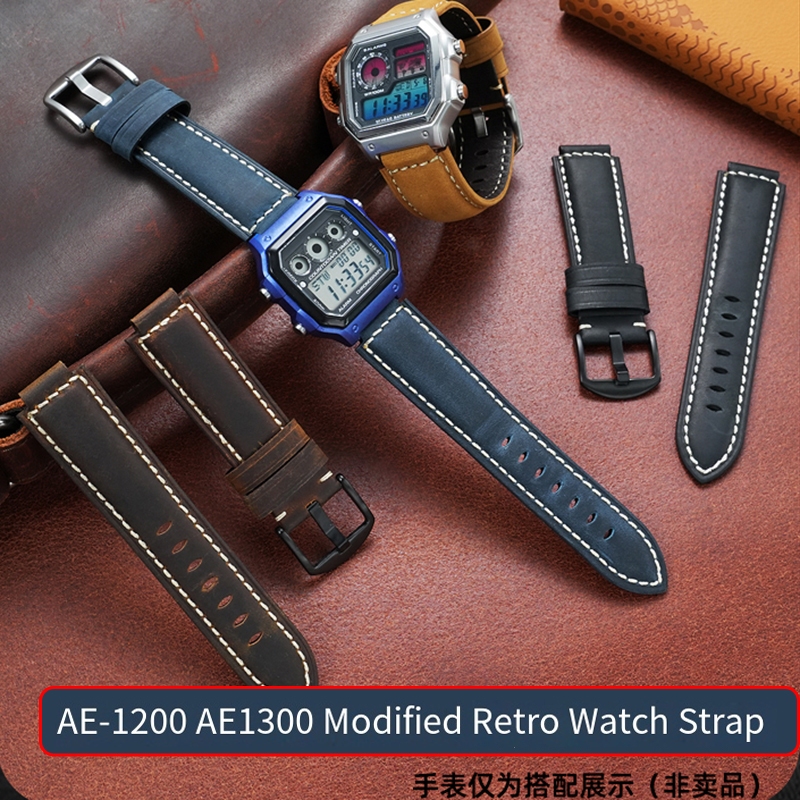Dây đeo đồng hồ da Crazy Horse cổ điển 18mm cho dây đeo thay thế Casio AE-1200WH AE1300