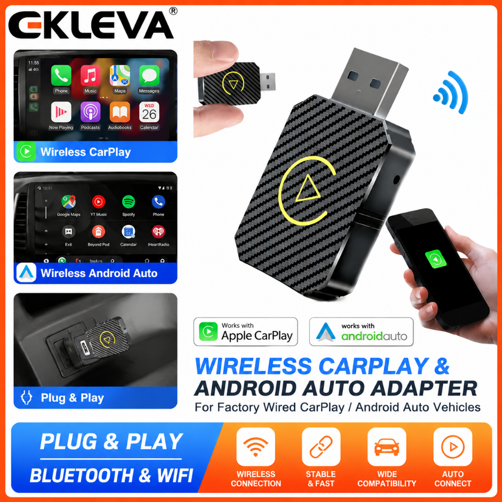 Ekleva CarPlay AI Box BT WiFi CarPlay không dây Android Auto Adapter 2 trong 1 Mini Box Plug & Play 