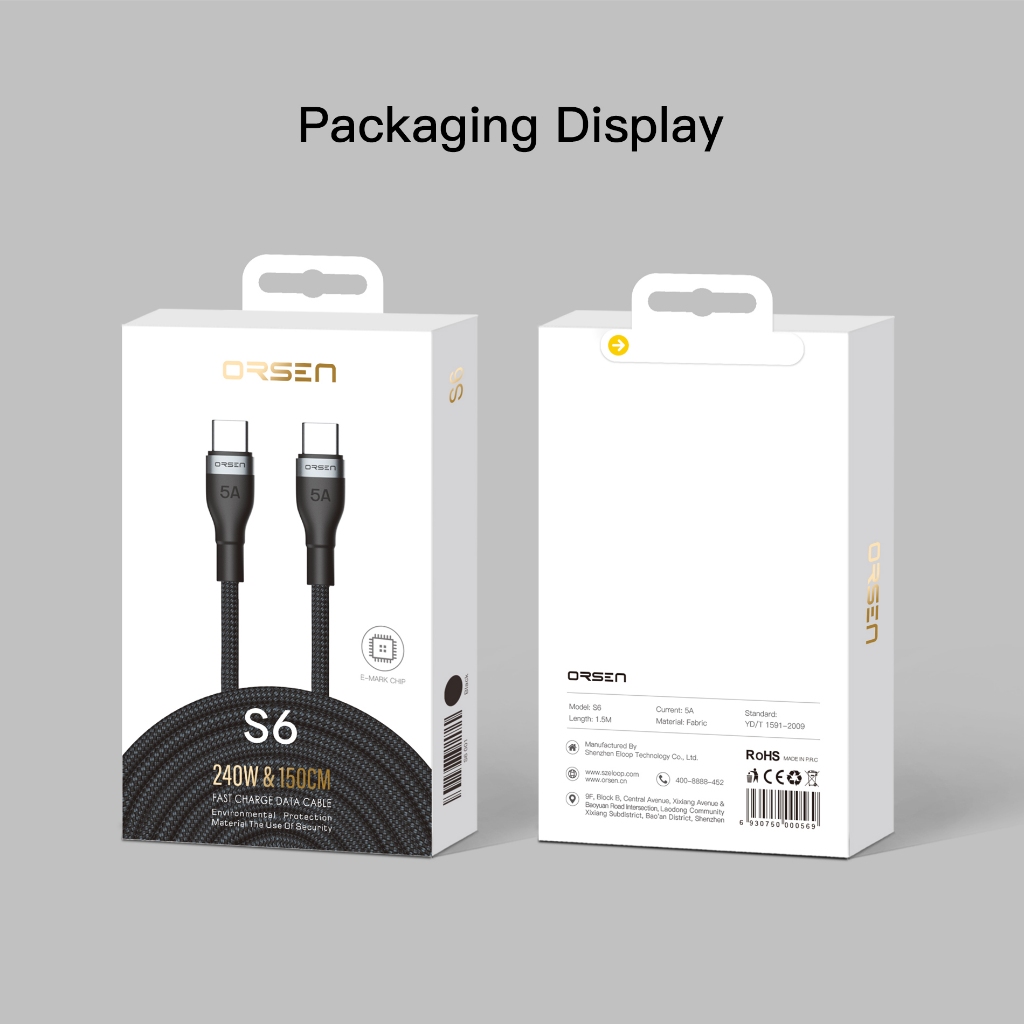 Orsen S6 Cáp sạc nhanh PD 240W Type C E-Marker QC 4.0 Cho Phone 16 17 Pro Max Macbook Samsung S26 | BigBuy360 - bigbuy360.vn