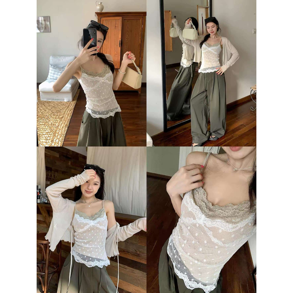 Bộ áo len hai mảnh thanh lịch Hàn Quốc cho mùa hè, áo len Cami ren mềm mại và chống nắng đa năng dành cho nữ6458 + 6459