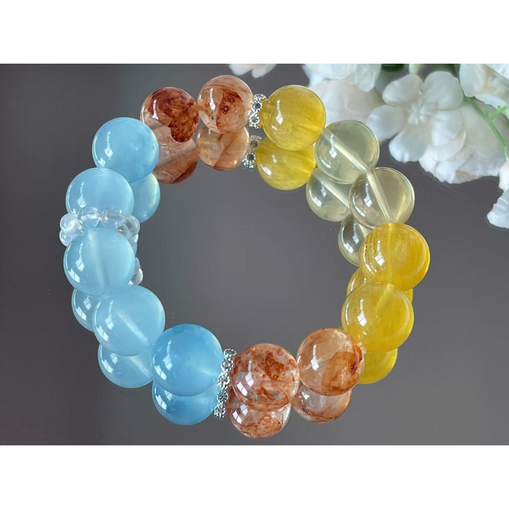 Vòng Tay Aquamarine Aquamarine + Citrine + Fluorite Vàng + Thạch anh hematoid +Moonstone  Vòng Tay T
