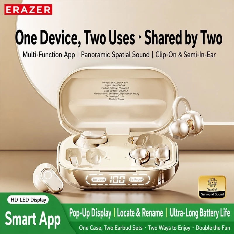ERAZER EX216 Kẹp tai 2 trong 1 + Tai nghe nhét Bluetooth 6.0 trong Âm thanh IMAX AI ENC Khử tiếng ồn Pin 24H Tai nghe kép | BigBuy360 - bigbuy360.vn