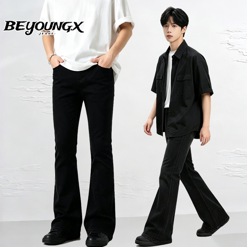 LUSTER quần jean nam Quần jeans ống loe nam, bò đen trơn,Quần jean đàn hồi bò boy phố , dài nam, ống