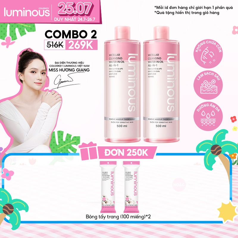 [MUA 2 TẶNG 2] Combo 2 Nước Tẩy Trang Dầu Nước COLORKEY LUMINOUS Sạch Sâu & Không Cồn 500ml