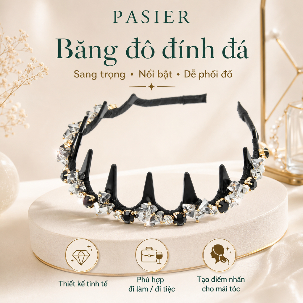 PASIER Băng đô nữ cao cấp đính đá, cài tóc nơ sang trọng kèm hộp quà, phụ kiện tóc dự tiệc KJ0008
