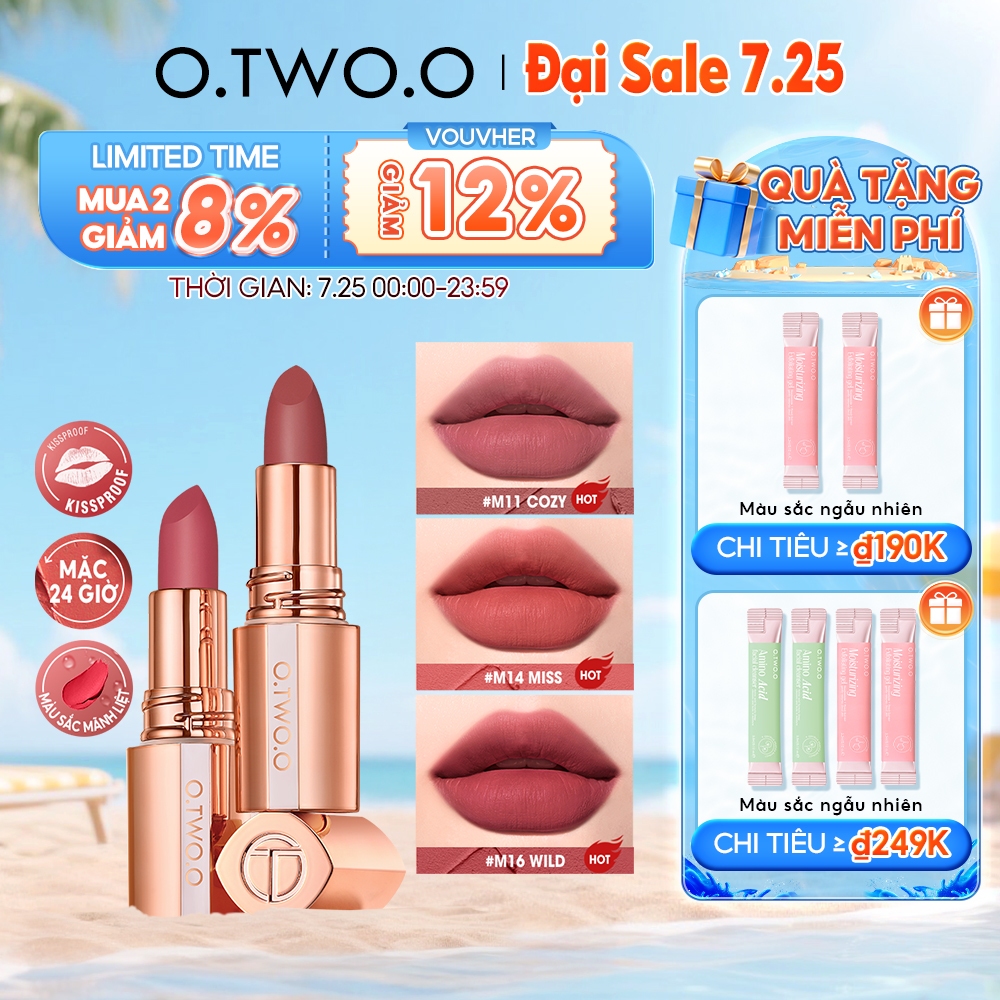 Thỏi son lì O.TWO.O nhung mịn lâu trôi không thấm nước chống khô 8 màu tùy chọn 39g