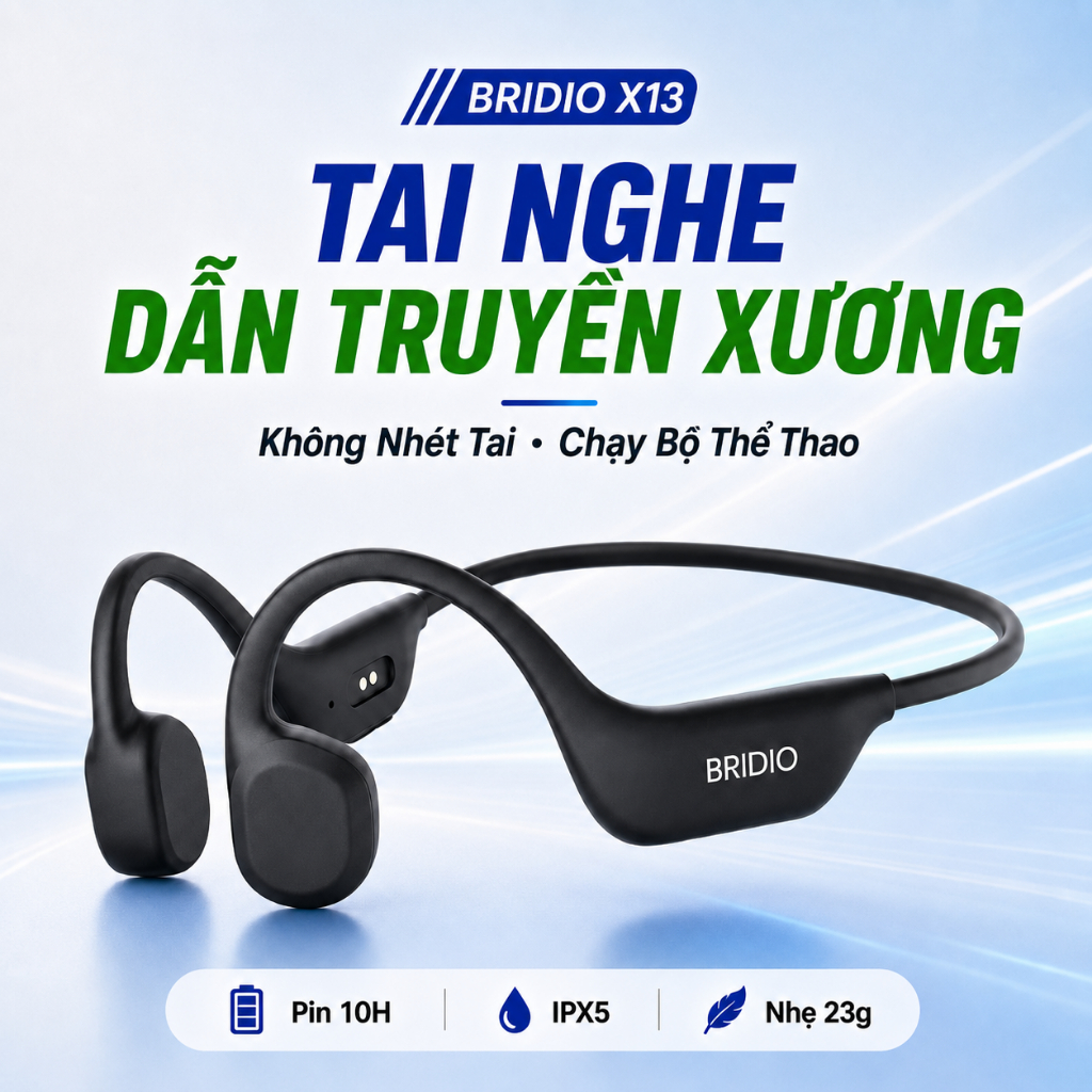 Tai Nghe Bluetooth Dẫn Truyền Xương BRIDIO X13 Không Nhét Tai IPX5 Pin 10H Chạy Bộ Thể Thao